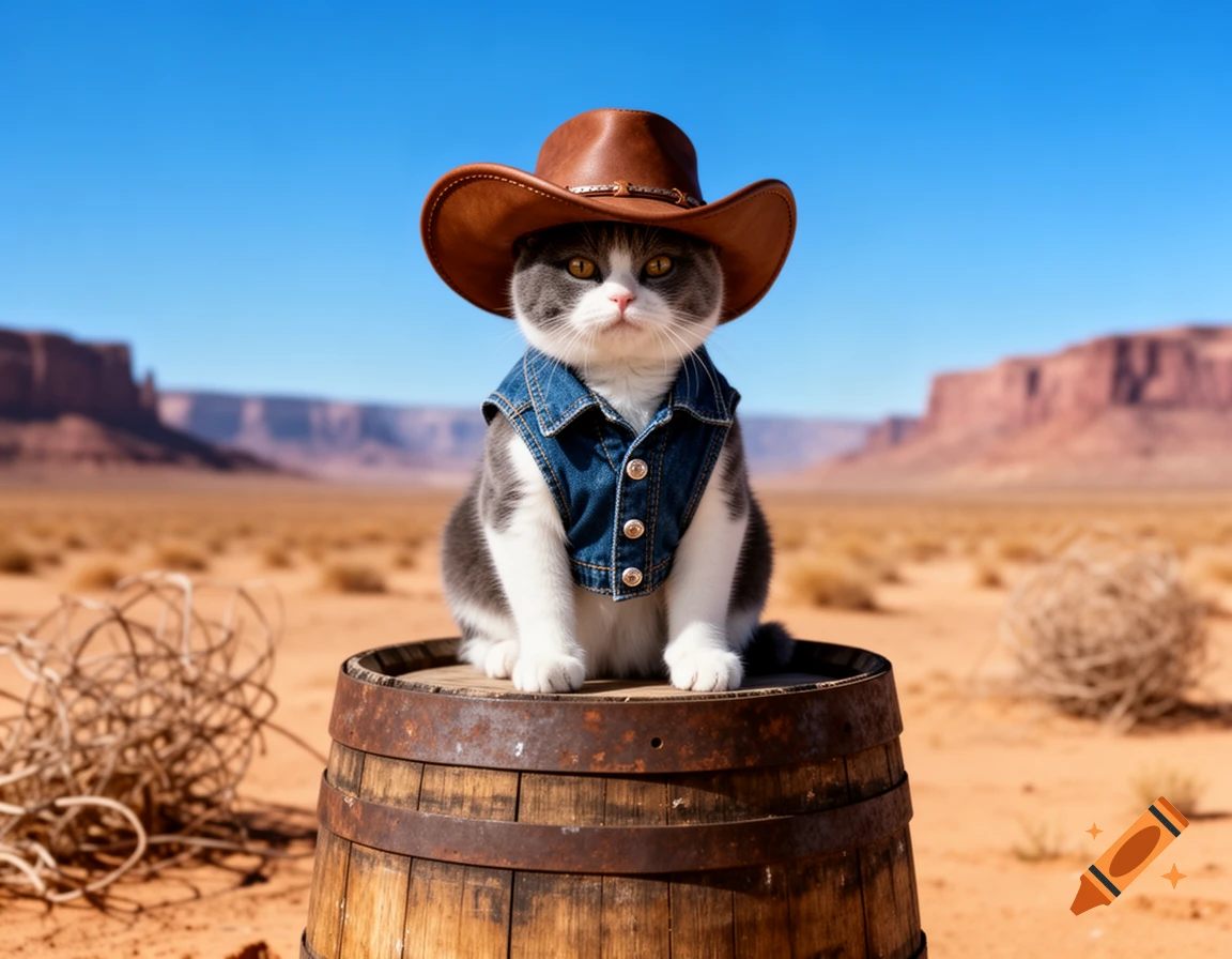 A cute grey and white cat wearing a brown cowboy hat and a denim vest sits on a barrel in a desert landscape.