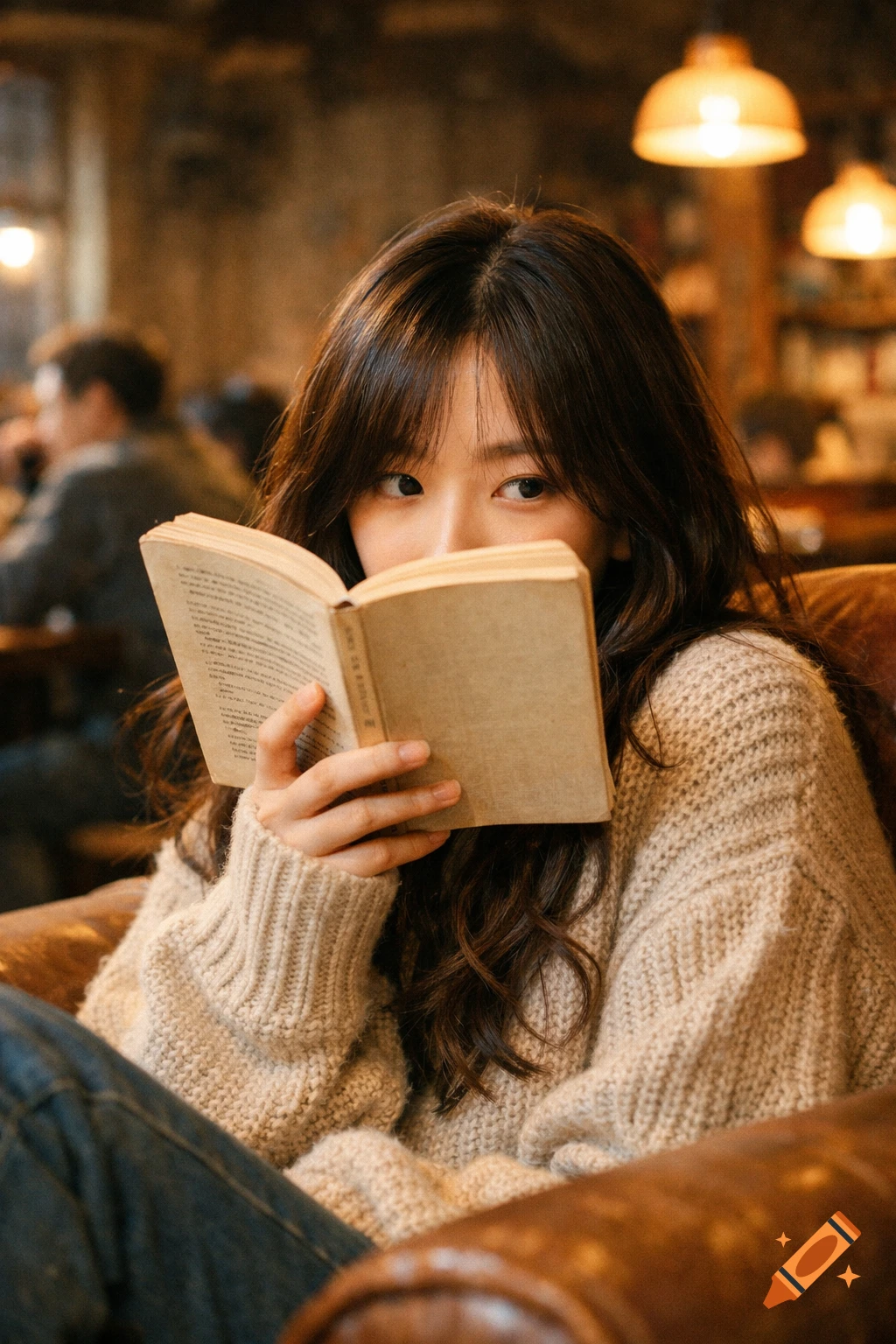 A candid portrait of a young woman with long hair reading a book, partially hiding her face, in a cozy coffee shop.