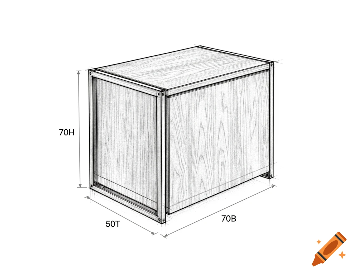 Technical sketch of a cabinet with wood grain and metal frame, showing dimensions 70H, 50T, 70B.