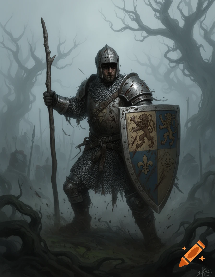 A grimdark fantasy knight in weathered heavy armor, holding a staff and heraldic shield, stands in a foggy, barren forest.