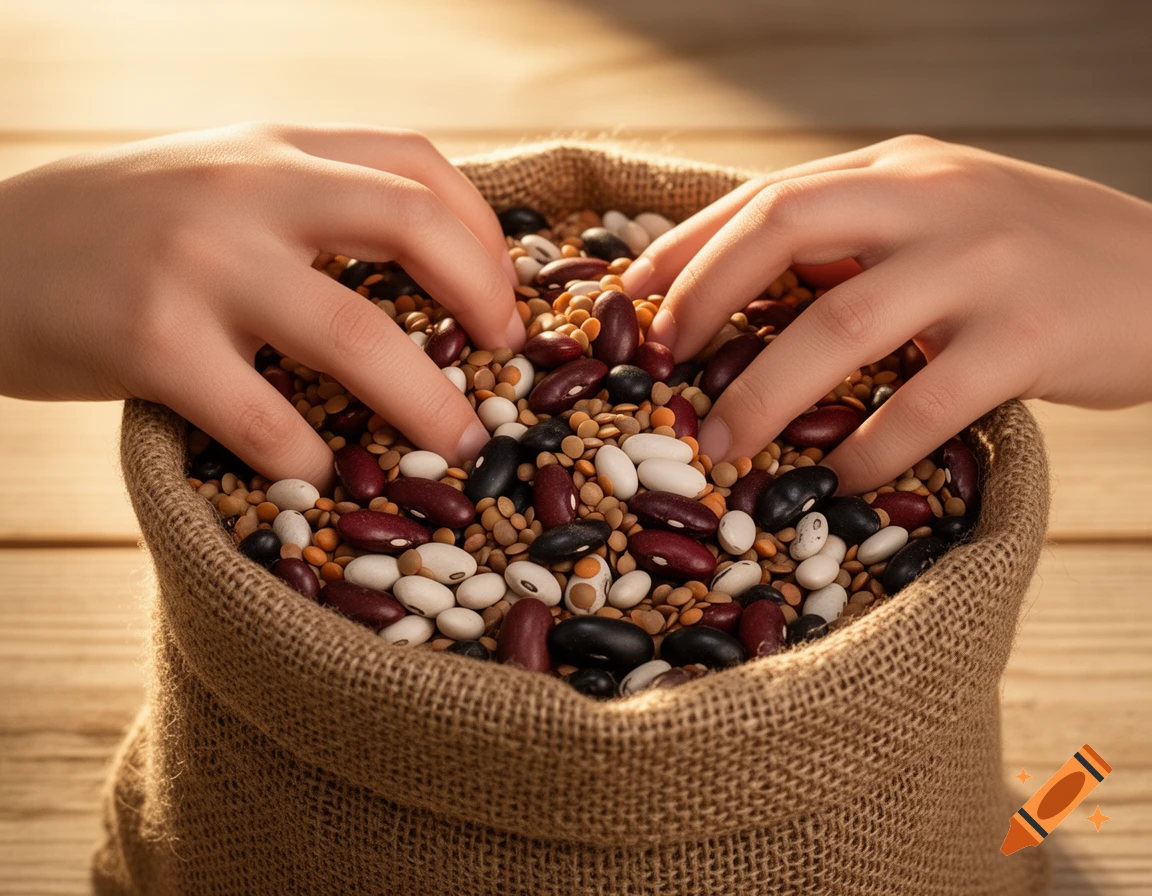 Two hands sift through a burlap bag of mixed dried beans, including red, white, black beans, and lentils, on a wooden surface.