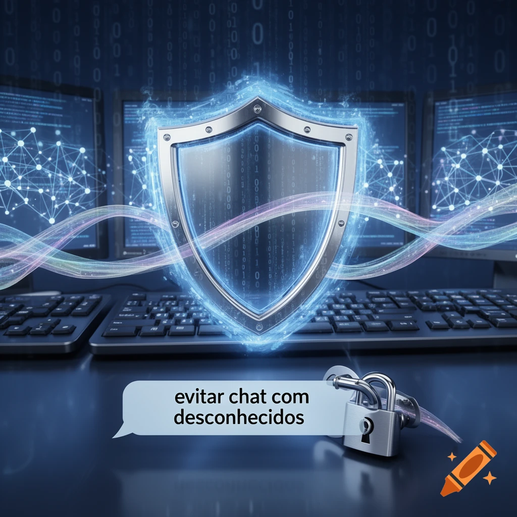 A glowing shield protects a digital network over computer monitors and keyboards, with a speech bubble saying "avoid chat with strangers".