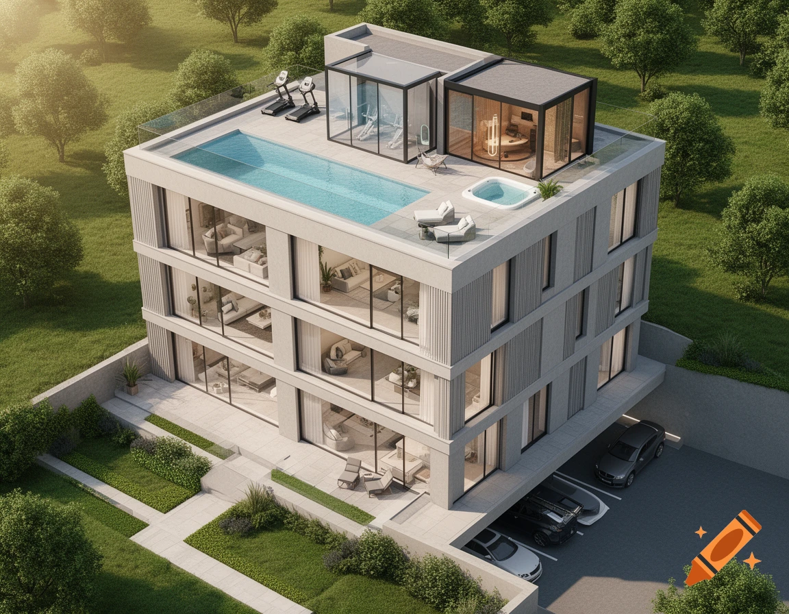 Photorealistic render of a modern luxury building with a rooftop pool, gym, and jacuzzi, surrounded by green landscapes and a parking lot.