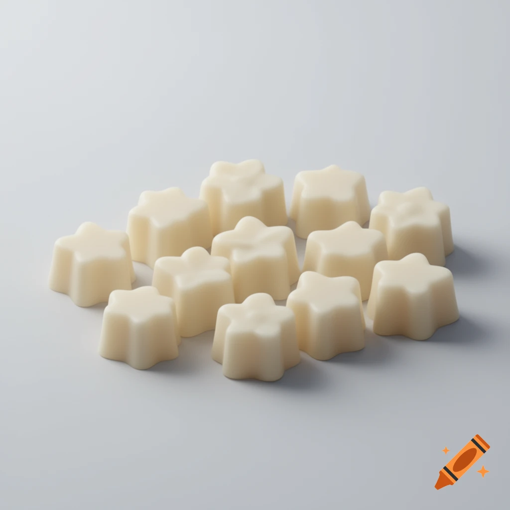 A pile of light off-white, star-shaped candies or gummies on a plain white background.