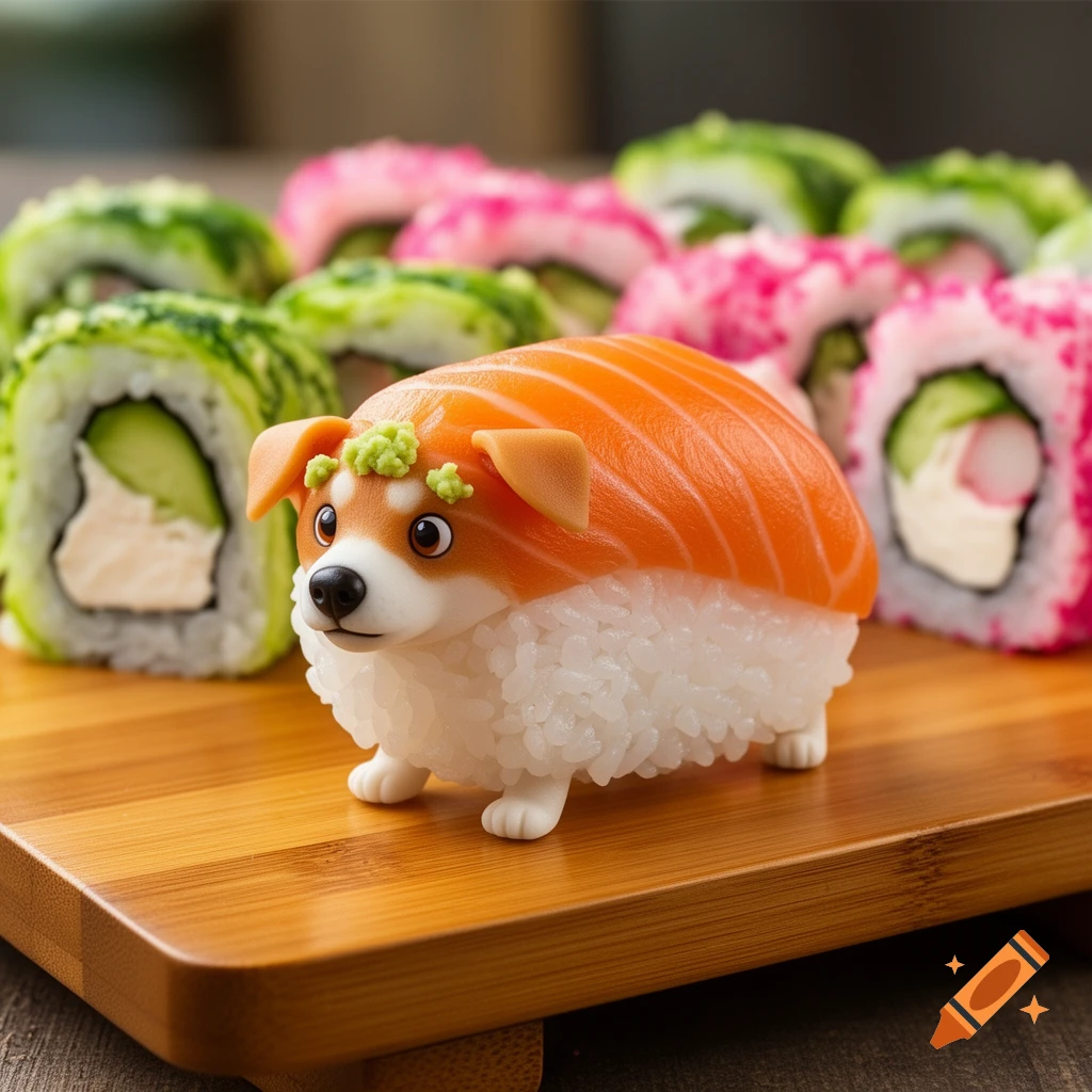 A cute dog-shaped sushi with a salmon body and rice base, surrounded by various sushi rolls on a wooden board.