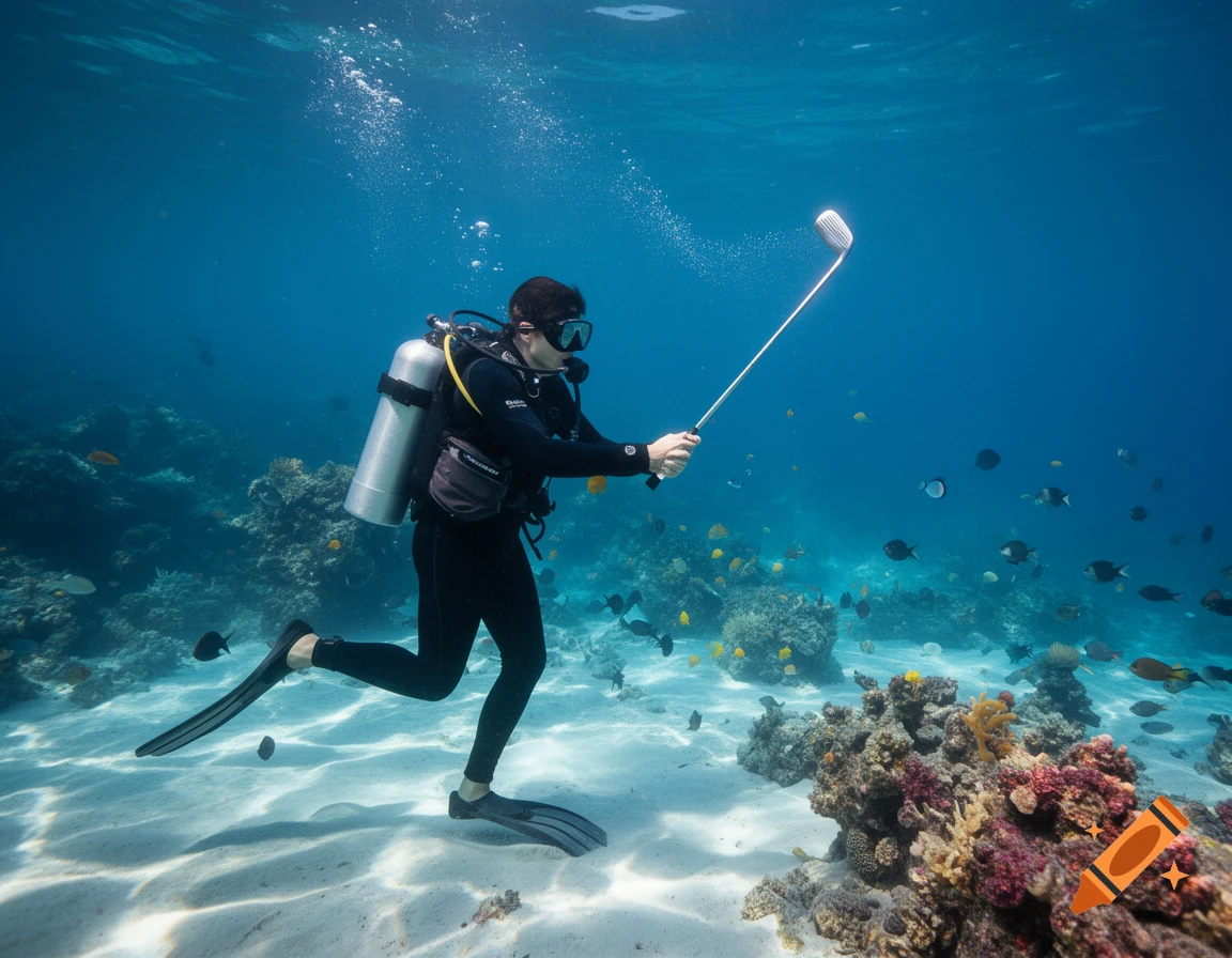 A scuba diver in a black wetsuit swings a golf club underwater, surrounded by colorful coral reefs and various fish.