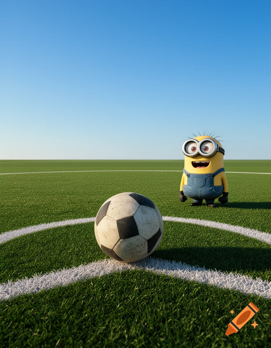 A Minion character in overalls stands on a soccer field next to a soccer ball under a clear blue sky, photorealistic.