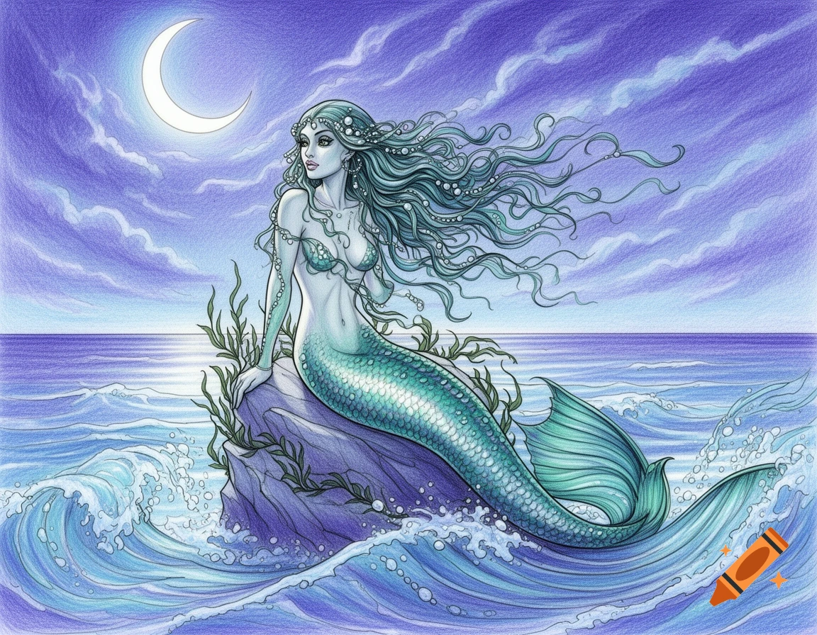A mermaid with flowing turquoise hair and tail sits on a rock in the ocean under a crescent moon, drawn in a colorful sketch style.