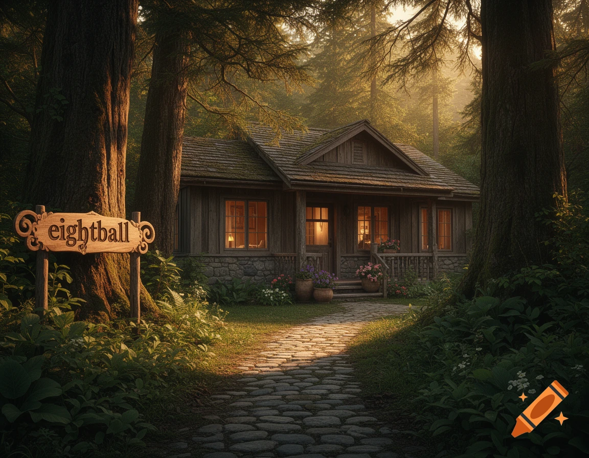 A cozy wooden cottage nestled in a misty forest, with a stone path leading to its door and a sign reading 'eightball' nearby.