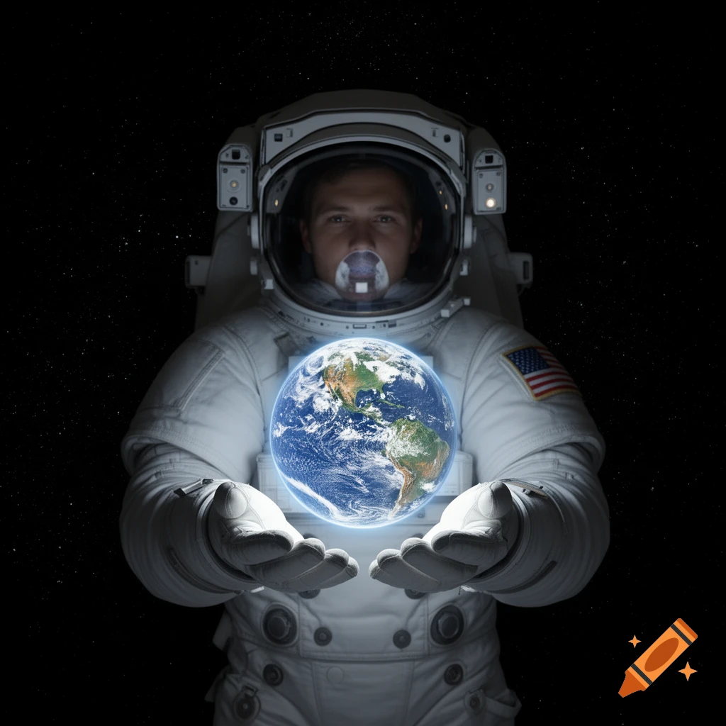 An astronaut in a white suit with a helmet holds a glowing Earth in their hands against a starry background.