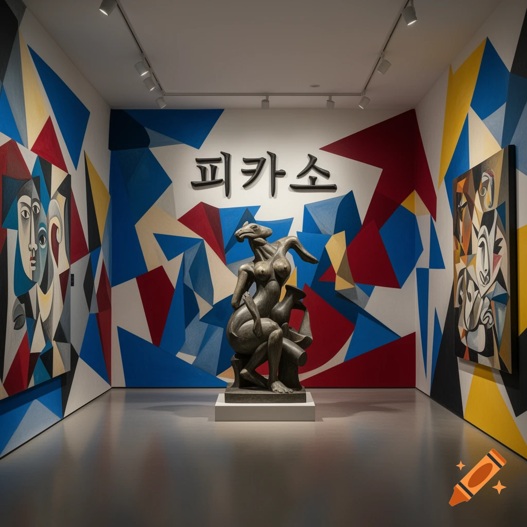 An art exhibition with a bronze sculpture and cubist paintings against a geometric wall, featuring 'Picasso' in Korean.