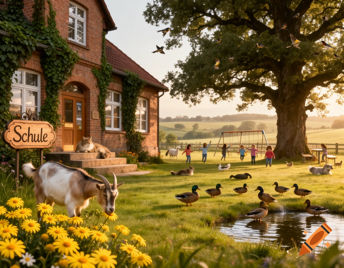A charming brick schoolhouse in a sunny, green rural landscape. Children play near a large tree, while various animals like goats, ducks, and a cat roam in the foreground.