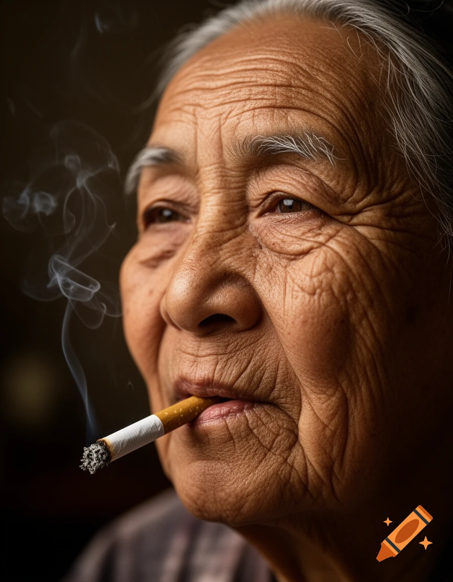 Close-up photorealistic portrait of an old woman with a wrinkled face, smoking a cigarette and looking up.