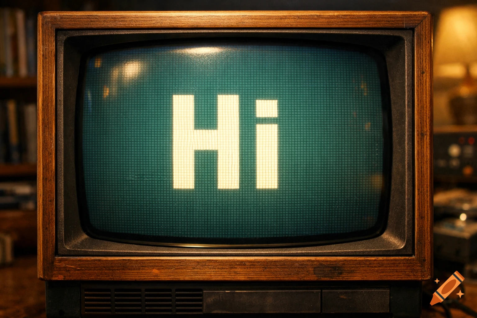 A close-up of a vintage television with a green pixelated screen displaying the word 'Hi' in large white block letters.