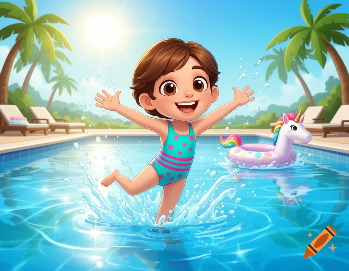 A cheerful cartoon child in a swimsuit splashes happily in a sunny swimming pool with a unicorn float.