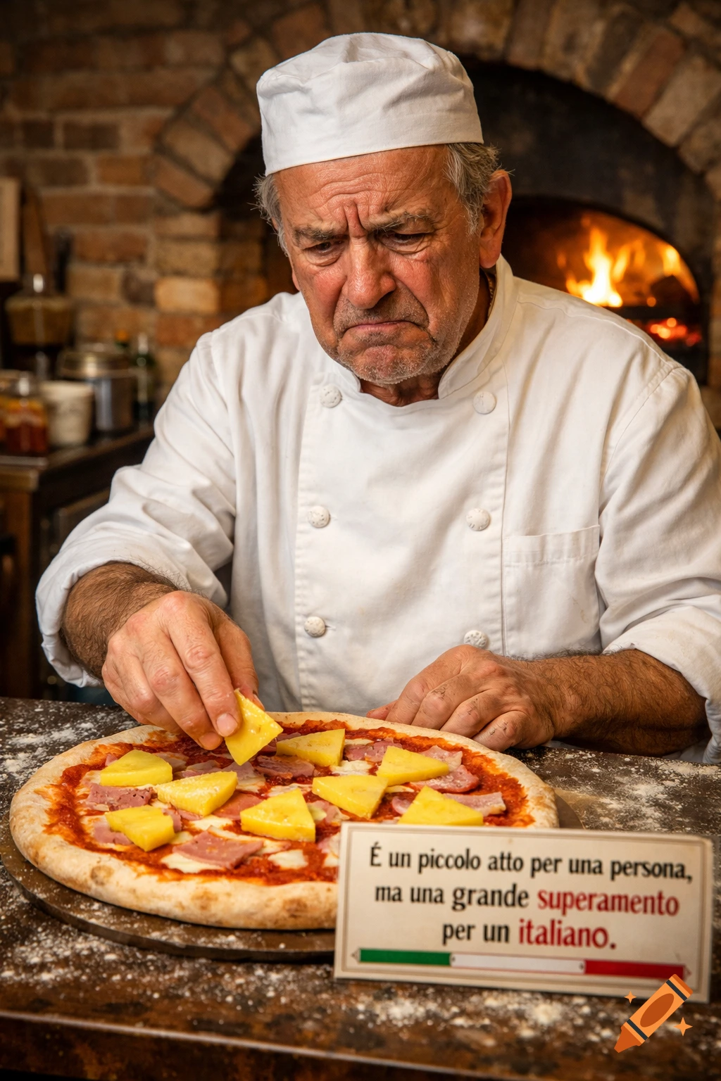 A disgusted Italian chef in a white uniform places pineapple slices on a pizza, with a traditional brick oven in the background.