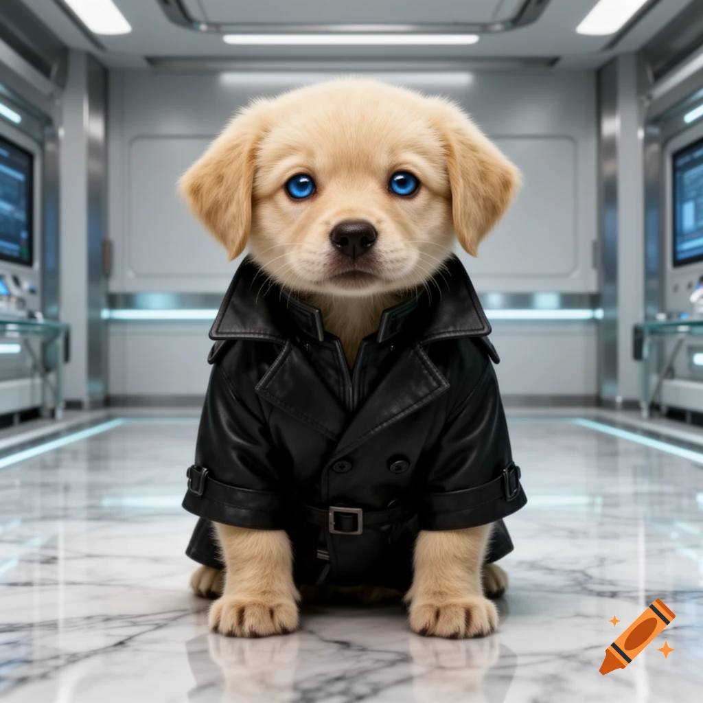 A golden retriever puppy with bright blue eyes wears a black leather trench coat, sitting in a futuristic, sterile hallway.