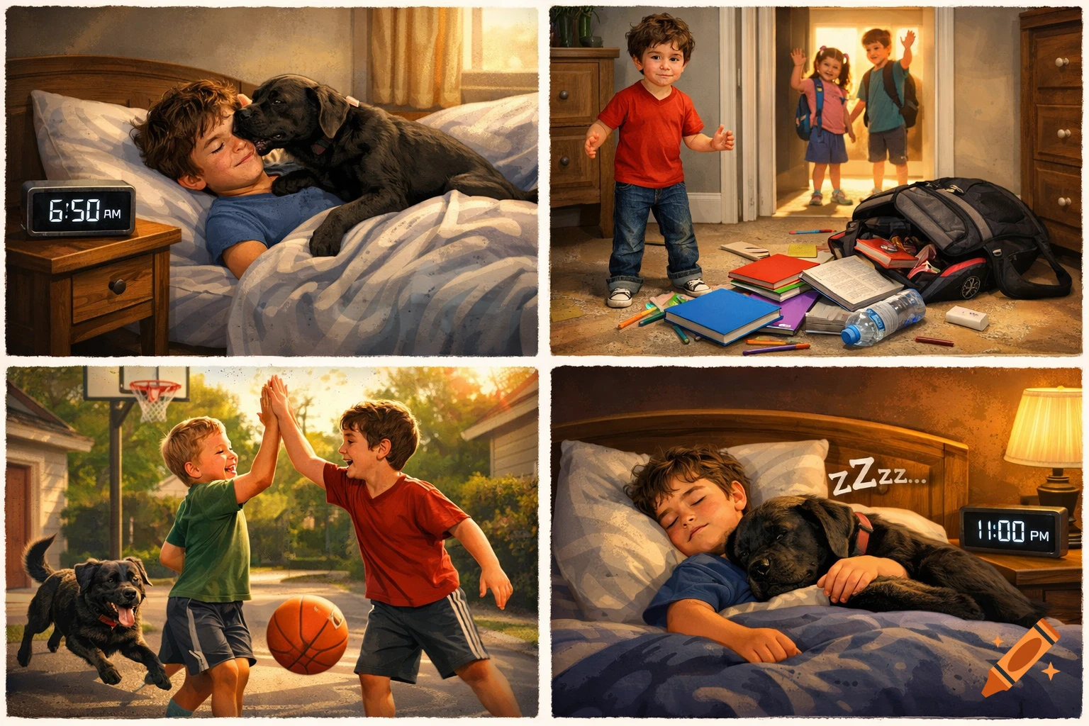 An illustration in four panels showing a boy and his dog's daily routine: waking up, getting ready for school, playing basketball, and sleeping.