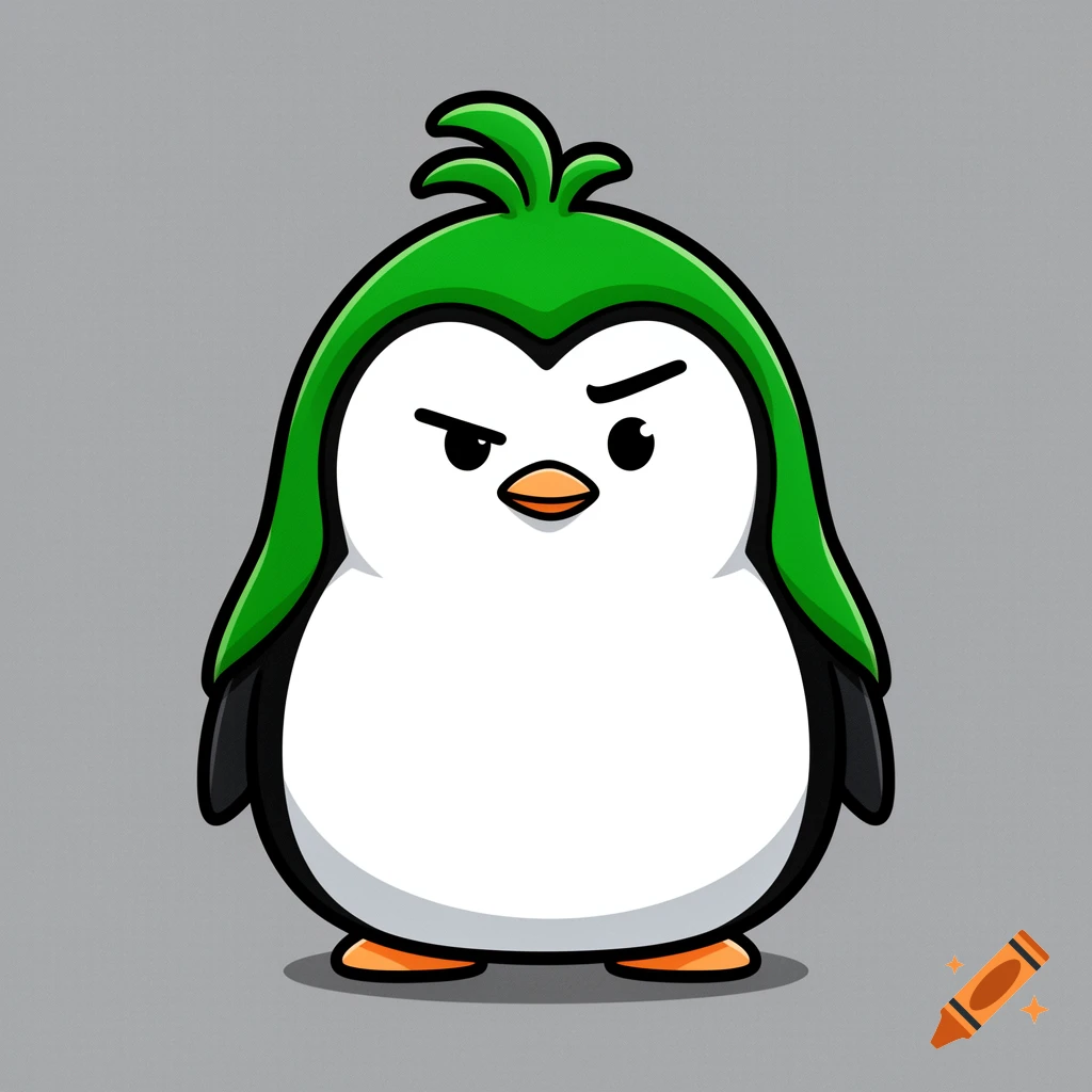 Chubby cartoon penguin with a green hood, black outline, orange beak, and a sassy expression on a gray background.