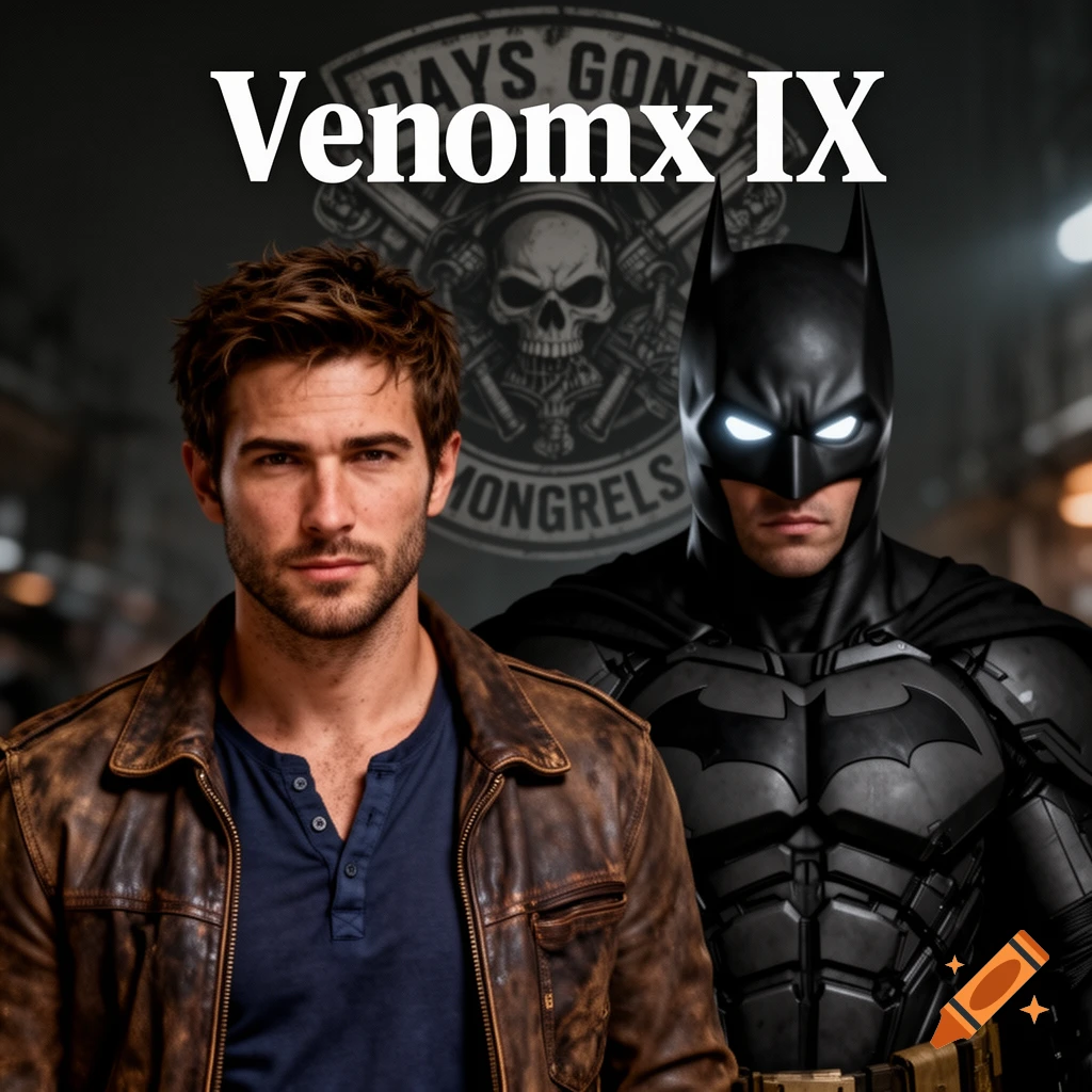 Photorealistic profile picture featuring a man in a brown jacket and Batman, with a Days Gone Mongrels skull logo and Venomx IX text.