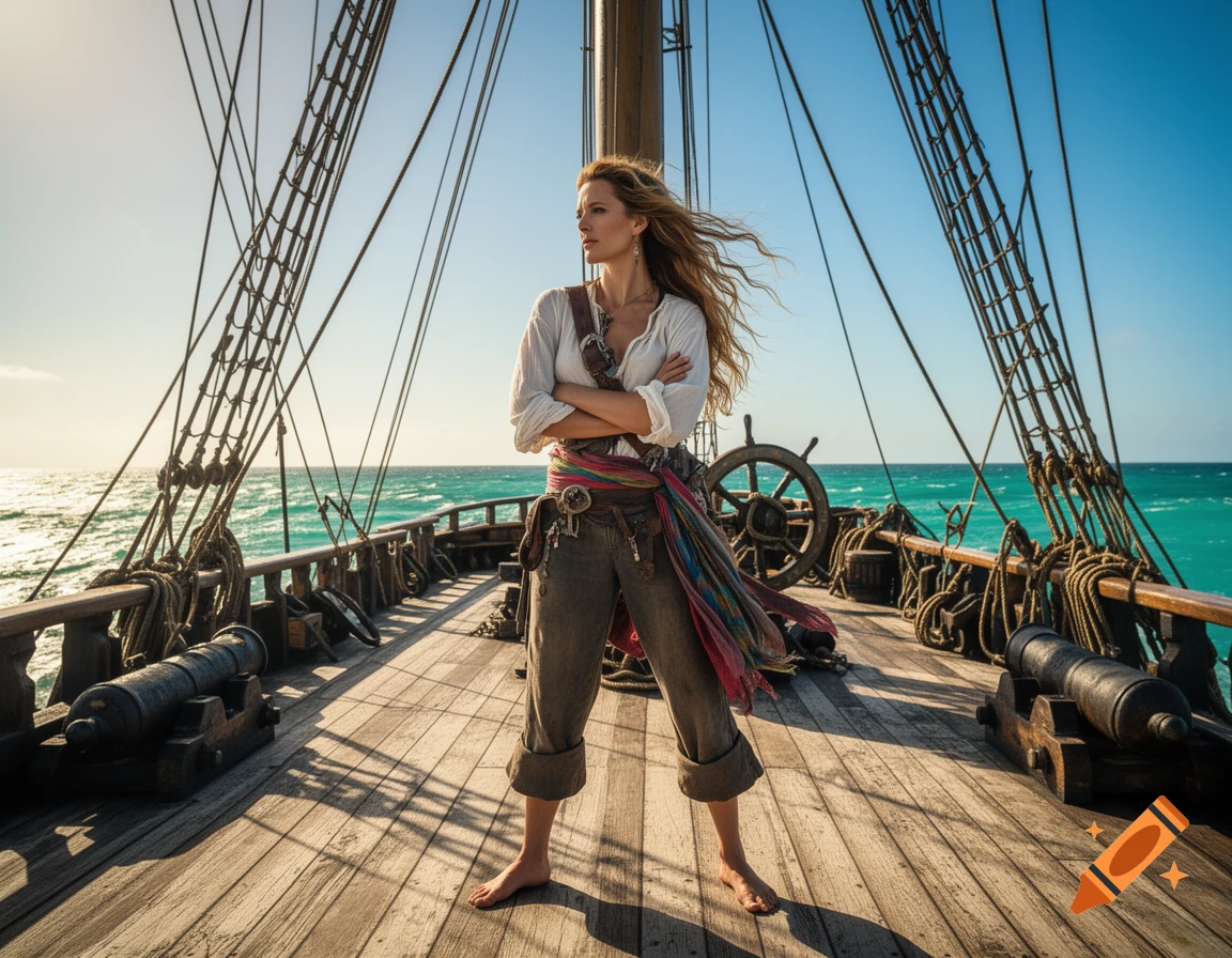 Photorealistic image of a barefoot pirate woman with crossed arms on a wooden ship deck at sea under a clear sky.