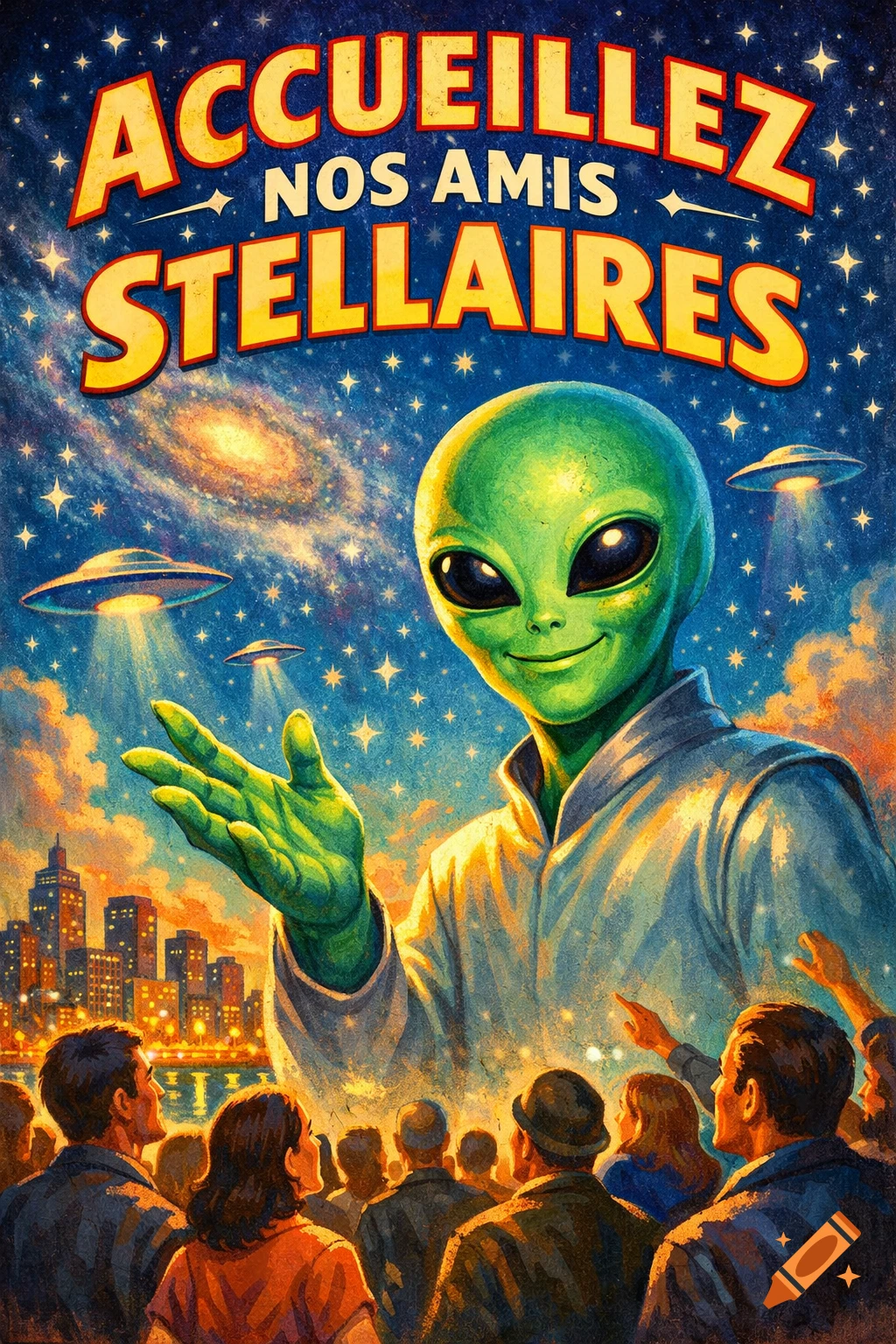 A vibrant vintage-style propaganda poster shows a friendly green alien welcoming a crowd, with flying saucers and a cityscape under a starry sky.