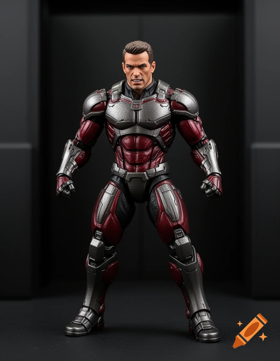 Detailed action figure of a man in red, black, and silver armor, with an exposed face, standing against a dark background.