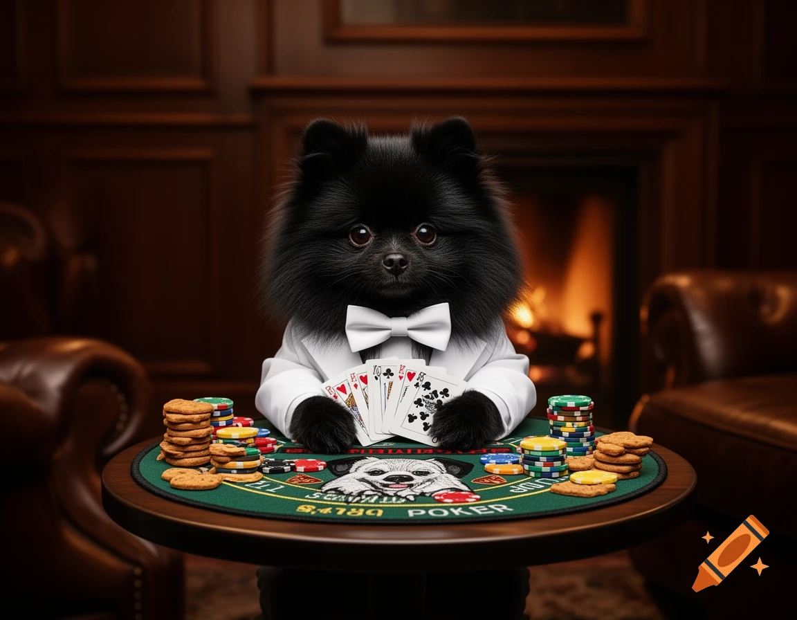 A photorealistic black Pomeranian in a white tuxedo and bow tie sits at a poker table, holding playing cards in a warm, wood-paneled room with a fireplace.