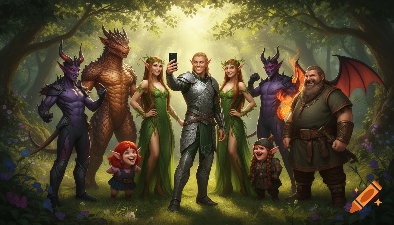 A group of diverse fantasy creatures, including elves, a dwarf, gnomes, tieflings, and a dragonborn, take a selfie in a sunlit forest.