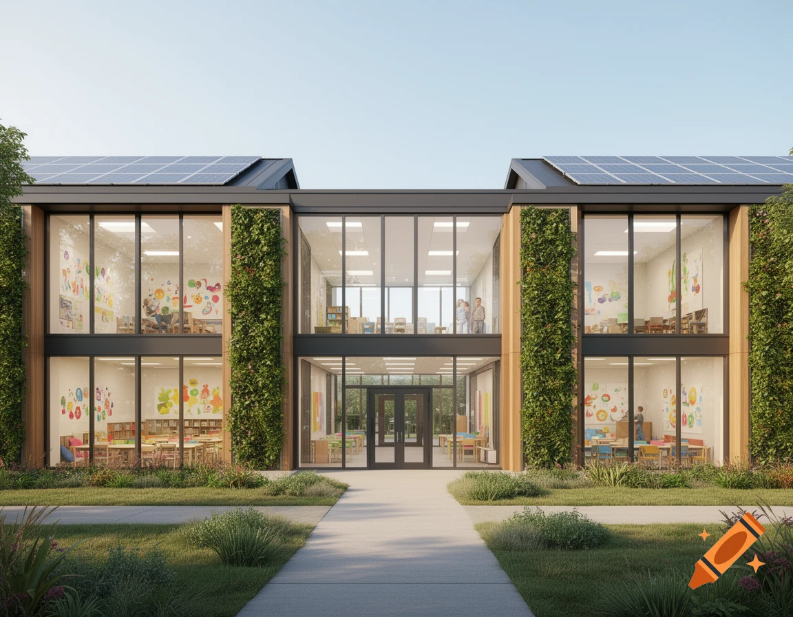 A modern two-story school building with large windows, vertical gardens, solar panels, and a welcoming entrance.
