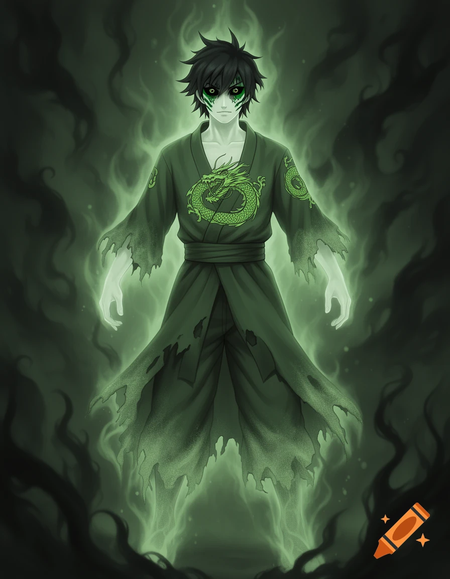 Anime ghost character in a tattered green kimono with a dragon symbol, glowing green amidst ethereal smoke.