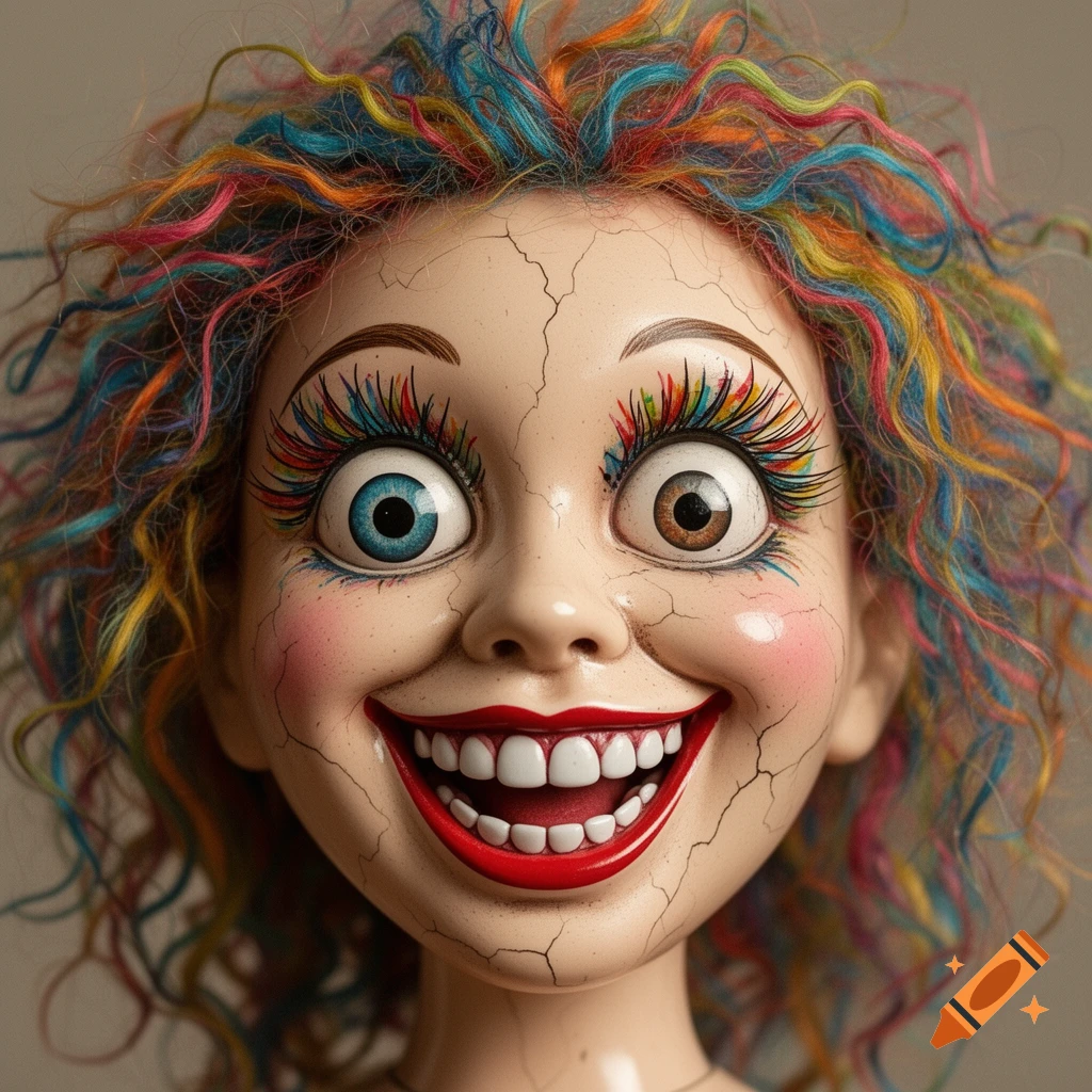Close-up of a creepy doll face with multicolored curly hair, cracked skin, wide mismatched eyes, and a red-lipped smile.