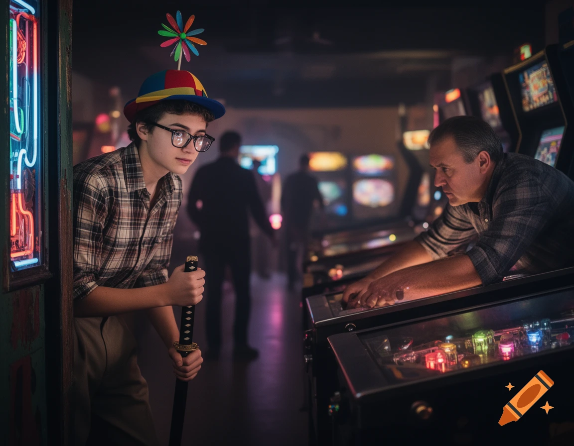A young person in a whirly hat and glasses, holding a katana, peeks around a corner at a man playing pinball in a dark, atmospheric arcade.