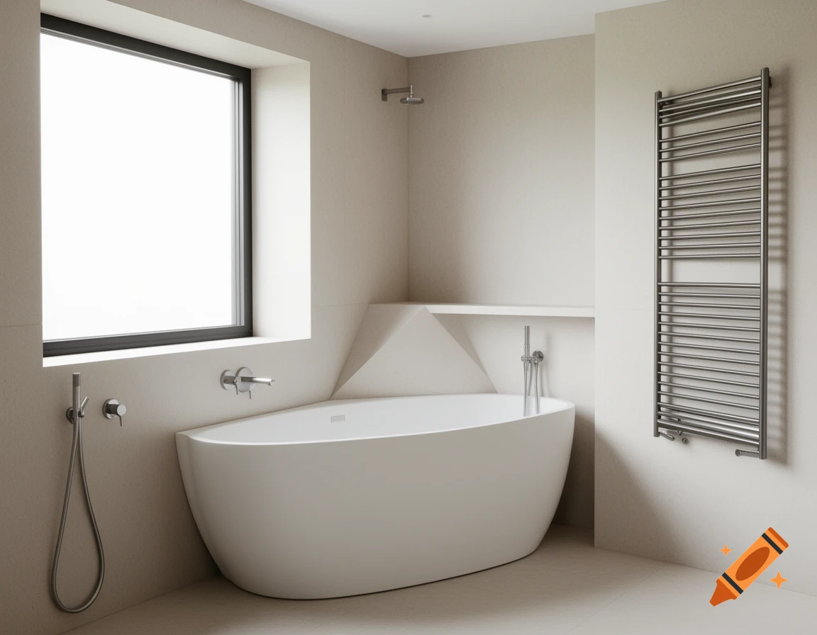 A modern, minimalist bathroom with an asymmetrical white oval bathtub built into a corner, light-colored walls and floor, a large window, a wall-mounted shower, and a chrome towel warmer.