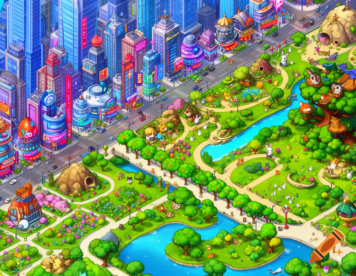 A vibrant isometric game map showing a bustling city on the left and a lush green park with a river and various cartoon animals on the right.