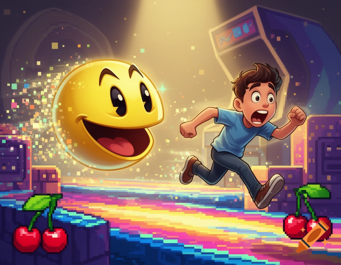 A cartoon boy runs with a smiling Pac-Man in a colorful, pixelated arcade game world with cherries.