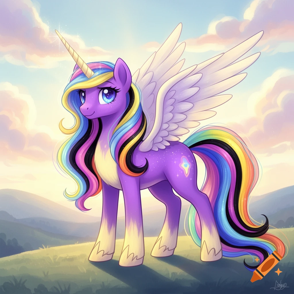 A purple alicorn with rainbow mane and tail, sparkling body, stands on a grassy hill against a pastel cloudy sky at sunset.