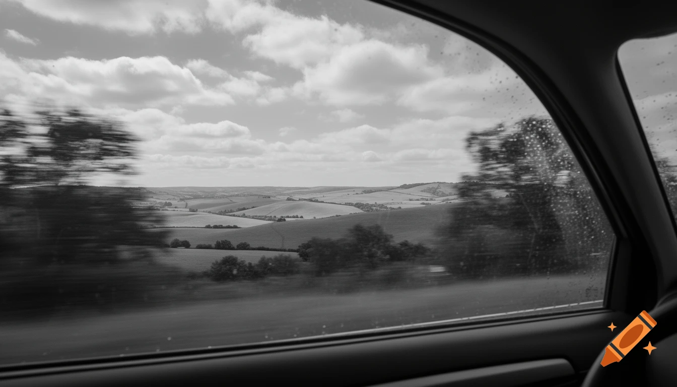 Black and white view from a moving car, showing blurred trees and a distant rolling countryside under a cloudy sky.