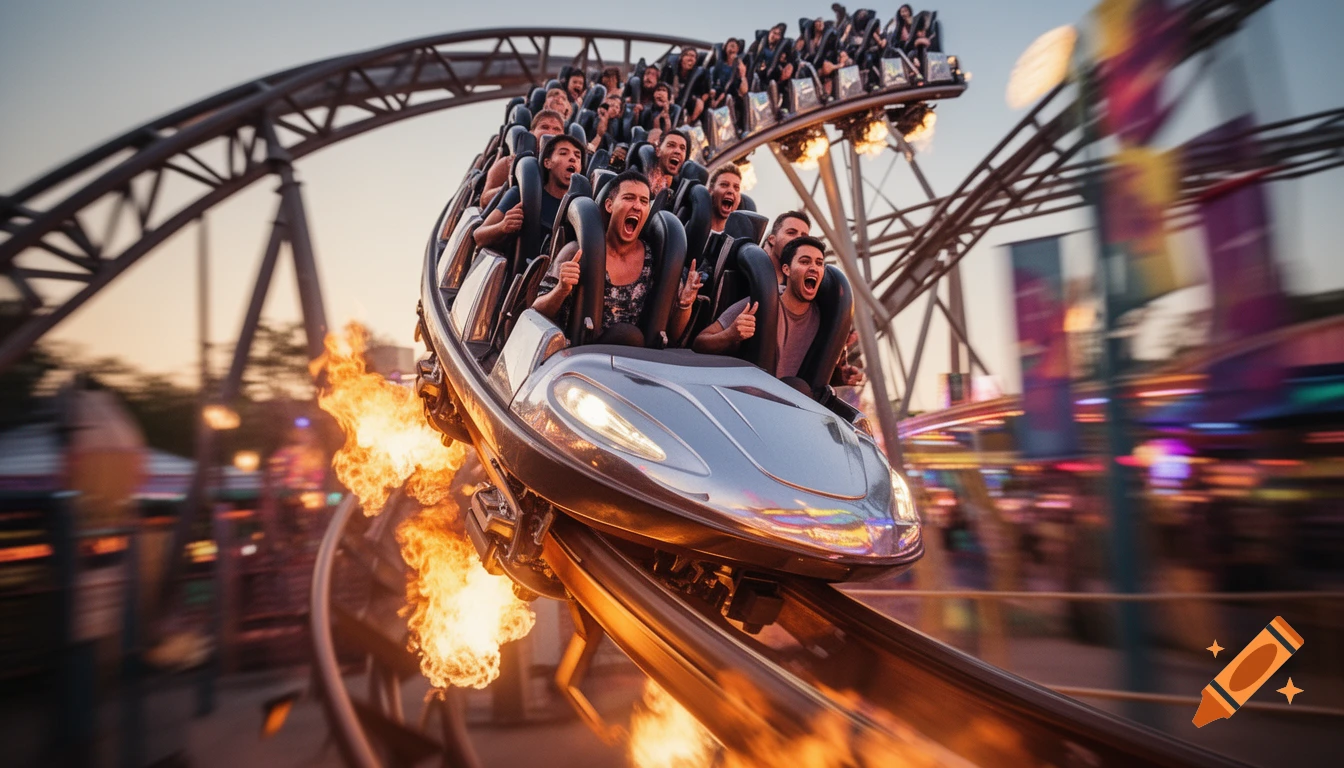 Photorealistic roller coaster train full of screaming people speeding down a track with flames and motion blur.
