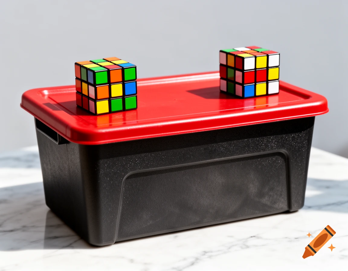 Two colorful Rubik's cubes on a black plastic storage tote with a red lid, set on a white marble surface.