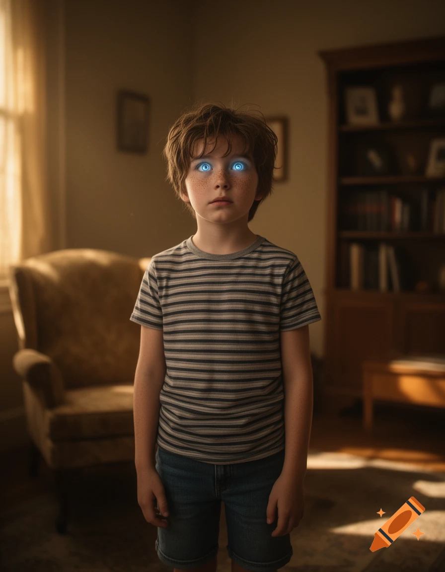 Photorealistic portrait of a young boy with glowing blue eyes, standing in a dimly lit living room.