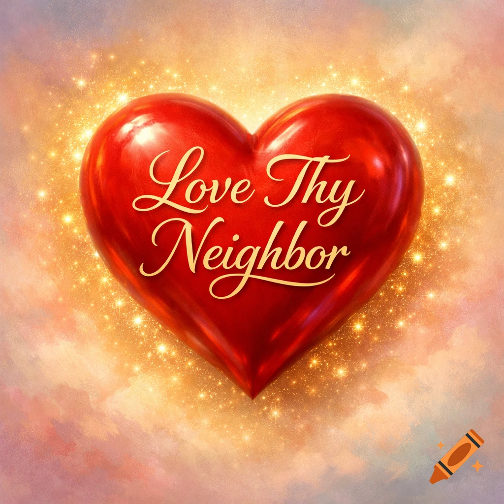 A glossy red heart with 'Love Thy Neighbor' in gold script, surrounded by shimmering gold sparkles and a soft, colorful background.