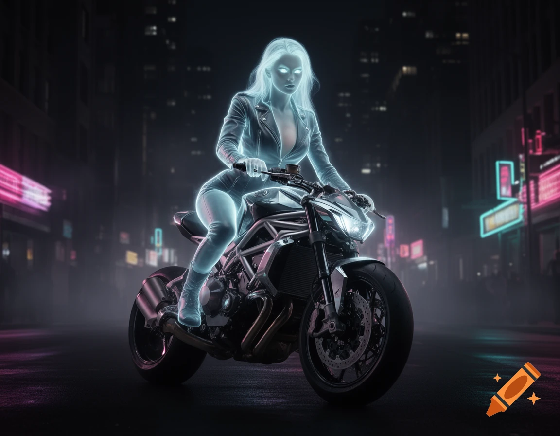 An ethereal, glowing woman in a leather jacket poses on a futuristic motorcycle on a dark city street lit by neon signs.