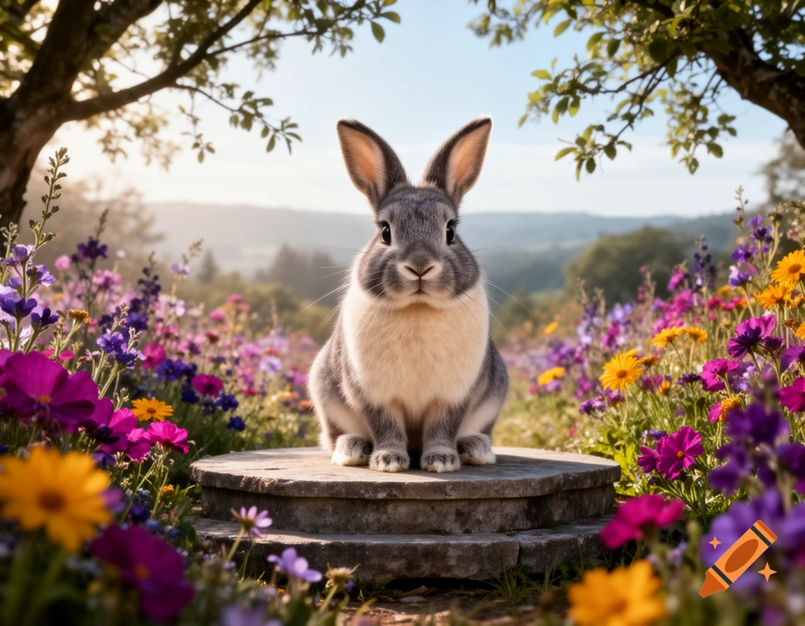 A grey and white rabbit sits on stone steps surrounded by colorful wildflowers in a sunny field under trees.
