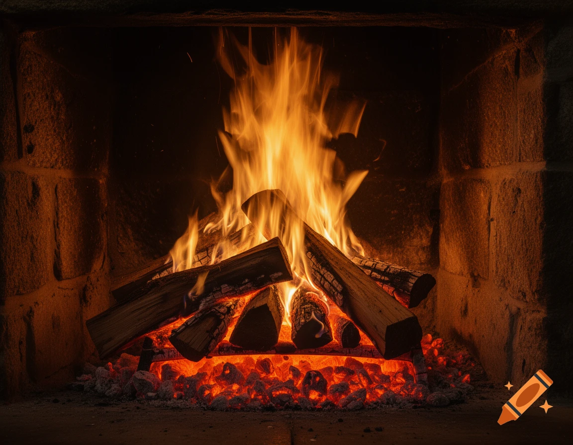 Photorealistic image of a roaring log and coal fire in a stone fireplace.