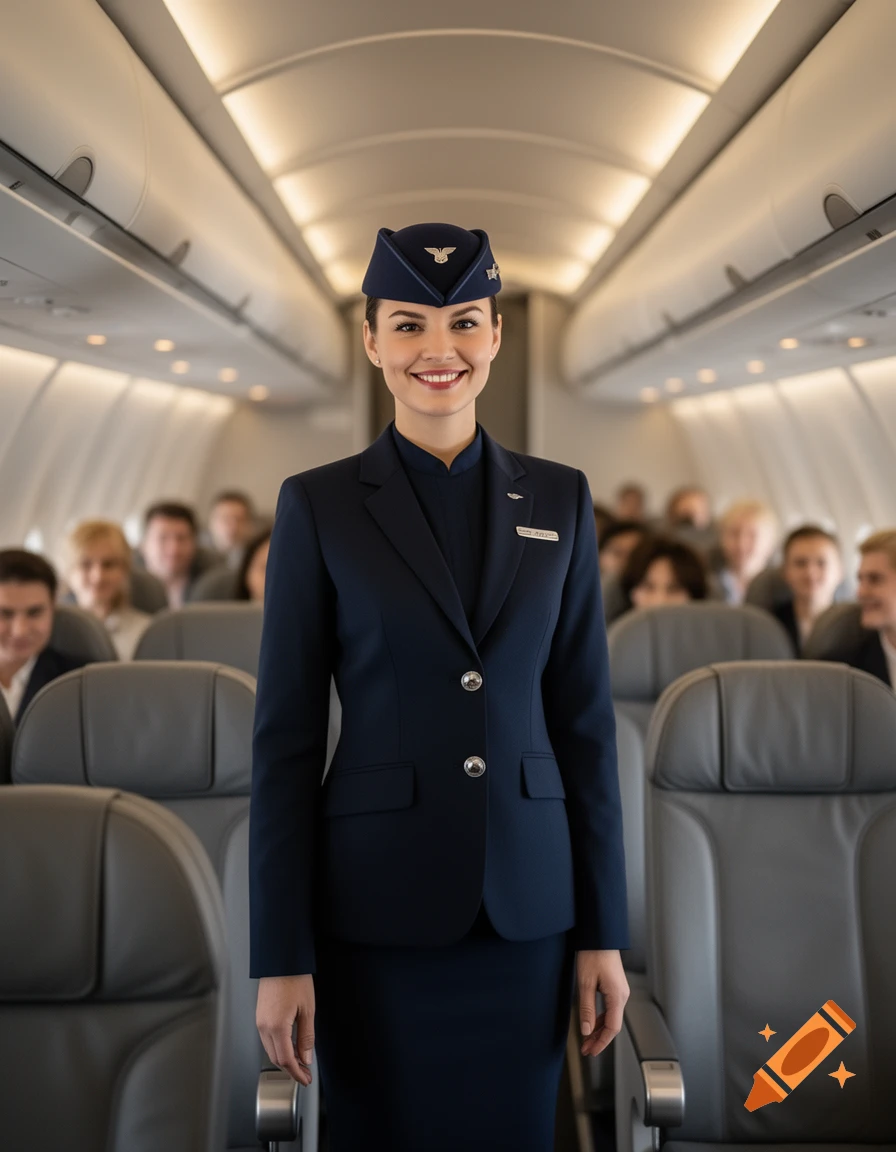 A smiling flight attendant in a dark blue uniform and hat stands in the aisle of an airplane cabin, with blurred passengers in the background.