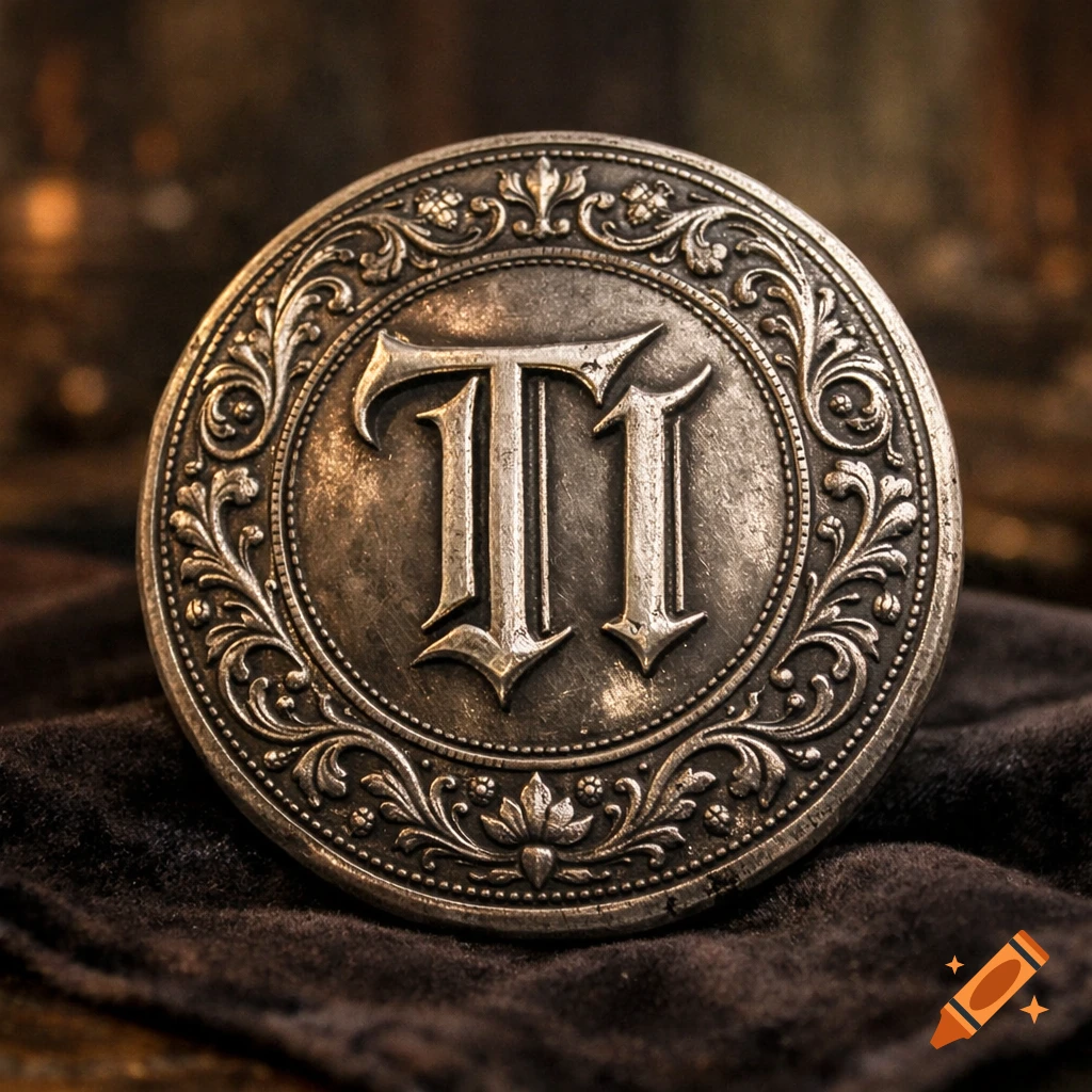 Close-up of a silver medieval medallion with ornate engravings and the initials 'TI' on dark fabric.