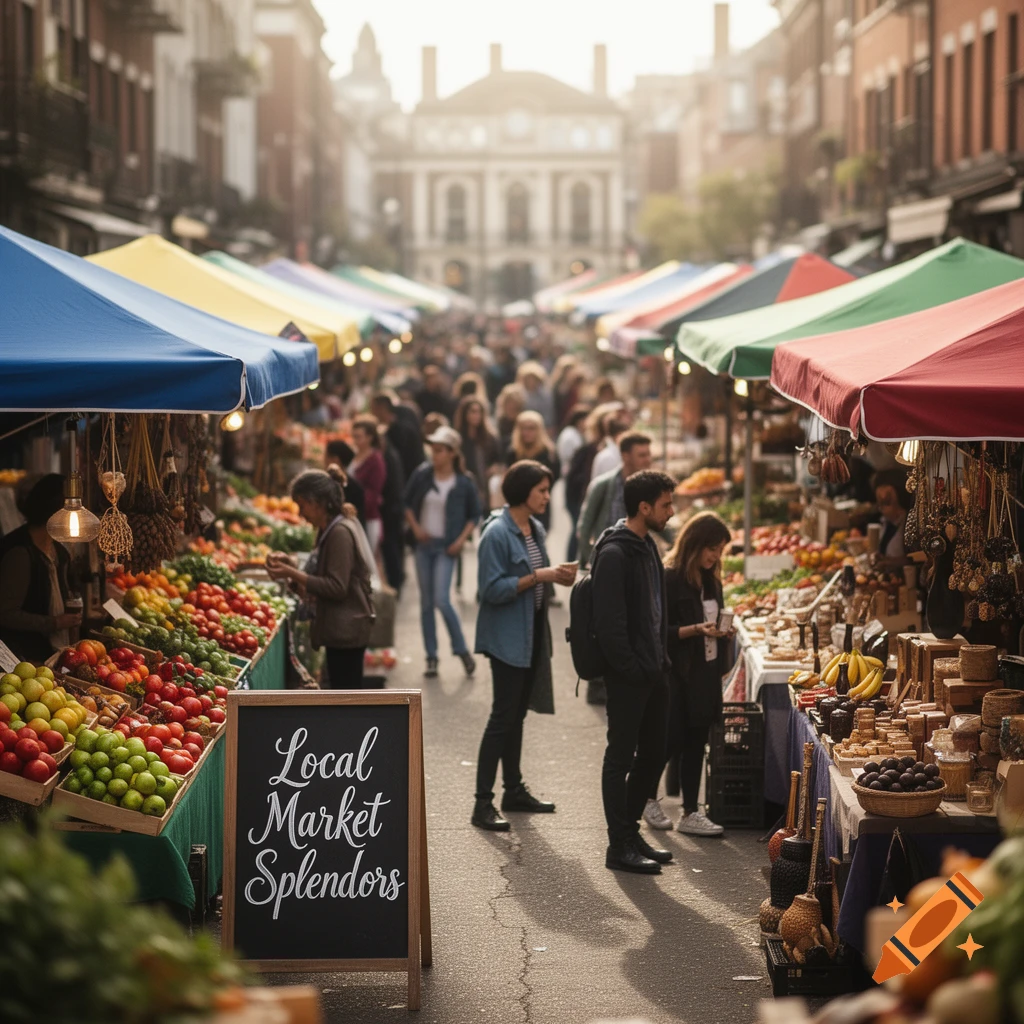 A bustling outdoor market with colorful stalls selling fruits and goods. People walk through the street, and a chalkboard sign reads "Local Market Splendors".