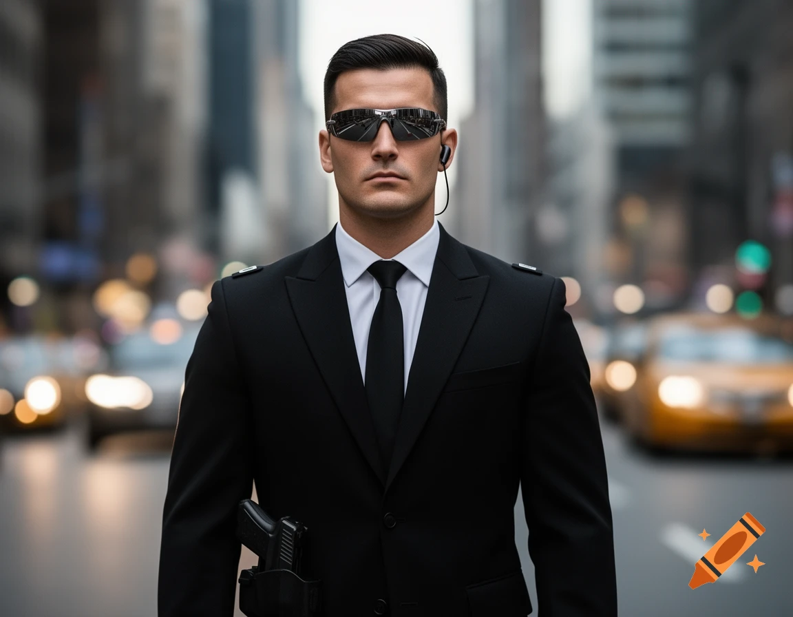 A stoic man in a black suit, sunglasses, and earpiece stands with a holstered gun on a blurry city street.