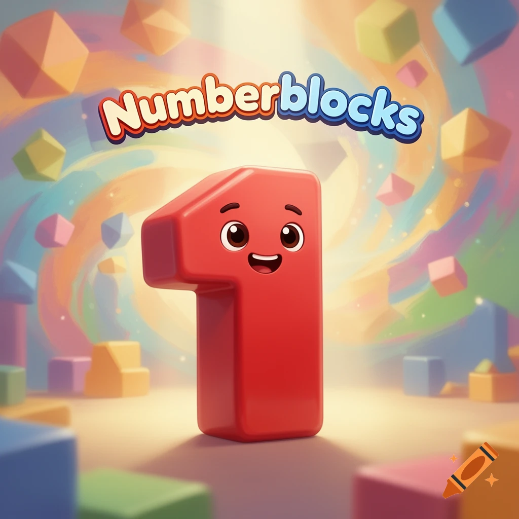 A happy red cartoon number one character stands under the "Numberblocks" logo, surrounded by colorful blocks.